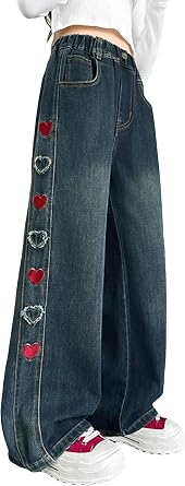 SEAUR Baggy Wide Leg Jeans for Girls with Print Elastic Waistband Y2K Vintage Kids Denim Pants Loose Fit Casual Trouser