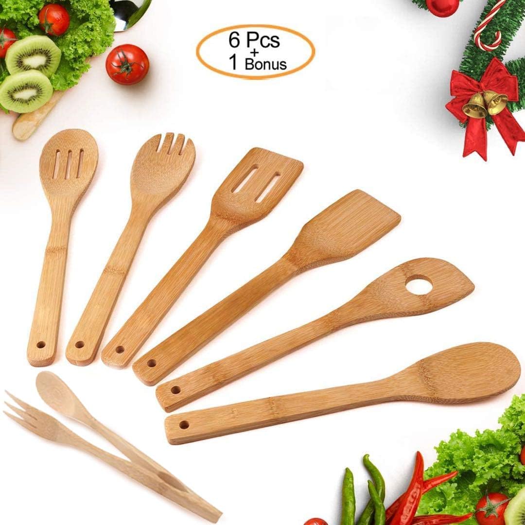 7 Pieces Wooden Spoons Bamboo Cooking Utensils Kitchen Tools Sets Non Stick Pan Serving Spatulas with Hanger