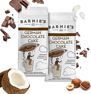 BARNIE'S COFFEE TEA CO. German Chocolate Cake Ground Coffee with Decadent Coconut, Chocolate and Hazelnut Cake Flavor, Medium Roasted Arabica Coffee Beans, 12 oz Bag (Pack of 2) (54105)