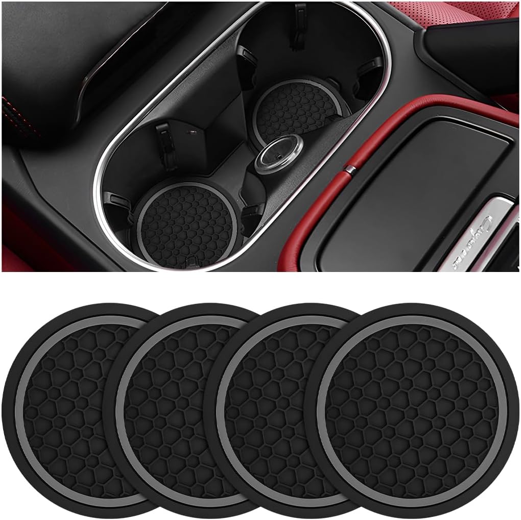 4PCS Car Cup Coasters, Non-Slip Automotive Insert Cup Holder Pad, Waterproof Dustproof Vehicle Interior Decorative Embedded Drink Mat Accessories, Universal for RV, SUV, Truck (Black/Gray)