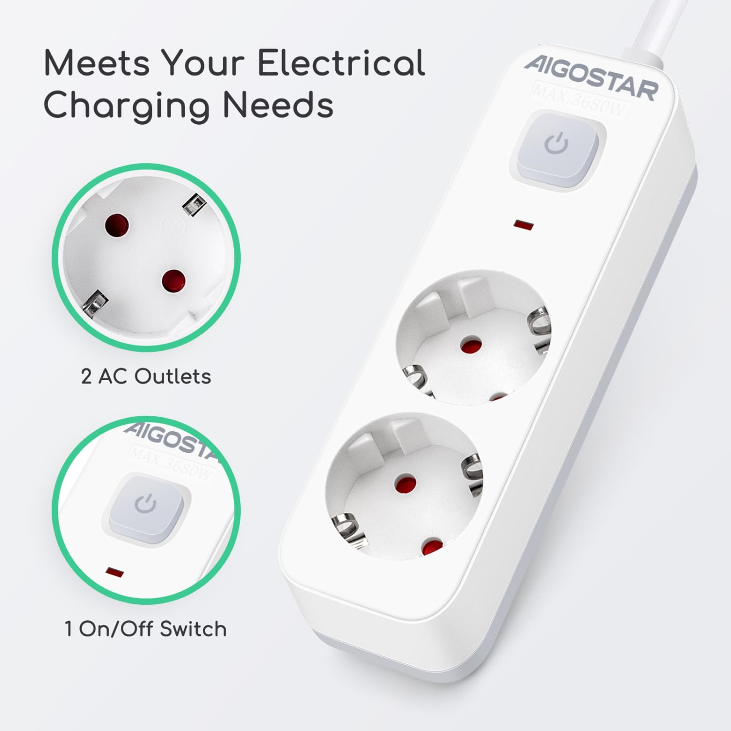 Aigostar Regleta Enchufes, Alargador Enchufe de 2 Enchufes con Interruptor, Cable de 3 Metros, Blanco — view 4