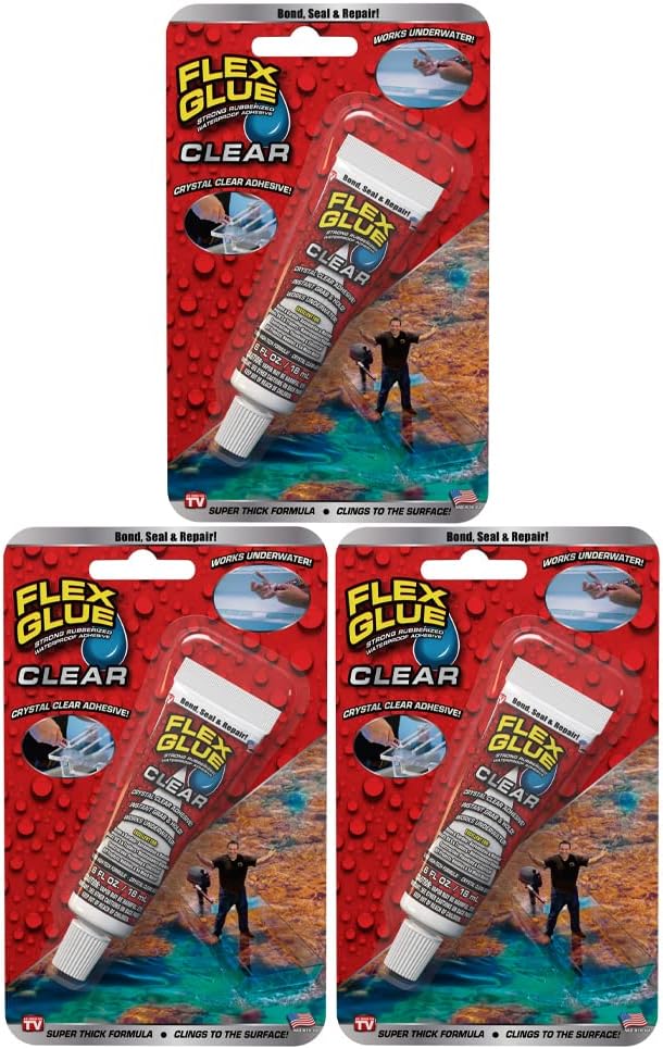 Flex Glue, Mini, Clear, 3-Pack, Super Strong, Transparent, Rubberized Waterproof Adhesive, Works Underwater, Use on Pools, Showers, Outdoors, Concrete, Brick, Pavers, Masonry, UV Resistant
