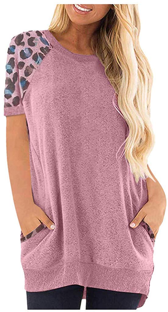 Comfortable Generous تنورة Tops for Women Short Sleeve Patchwork Round Neck Leopard Casual Basic Blouse Ladies Summer Tunic Tee Shirt Ladies Pullover Fashion Vintage Crop Tops,Size:3XL,Colour:Pink