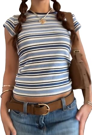 Alyweatry Women Striped Baby Tee Y2k Cute Graphic Short Sleeve Slim Fitted Going Out Crop Top Shirt