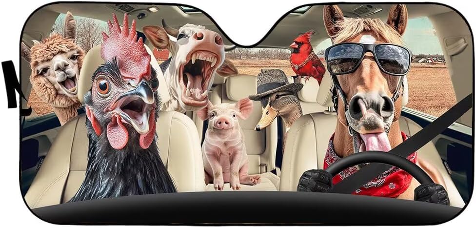 Farm Animal Party Car Windshield Sunshades for Front Window, Fun Horse Driver Anti-Sunlight Automotive Cover Sun Blocker Screen Sunshield, Funny Animal Sun Shield Visor for Car