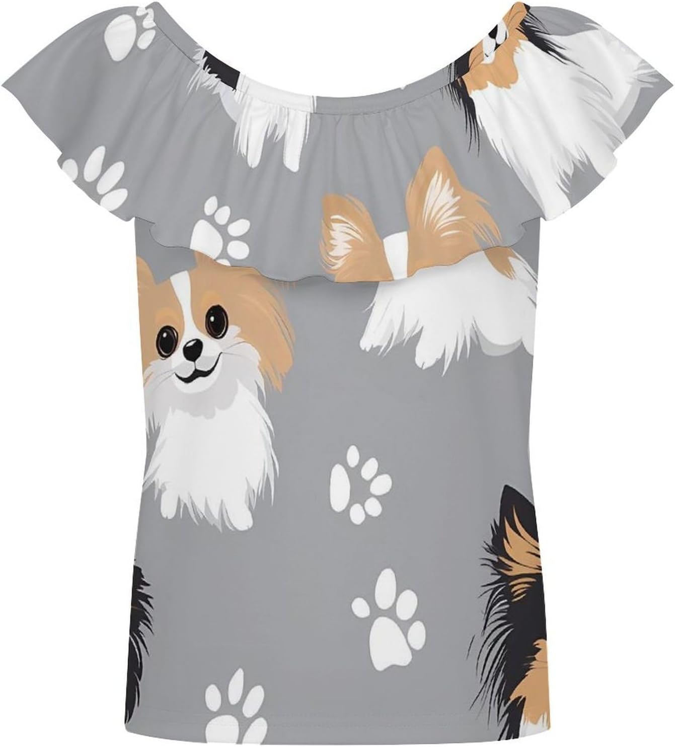 Papillon Dogs Paw Prints Girls T-Shirts Top Ruffle Short Sleeve Blouse Casual Graphic Tees