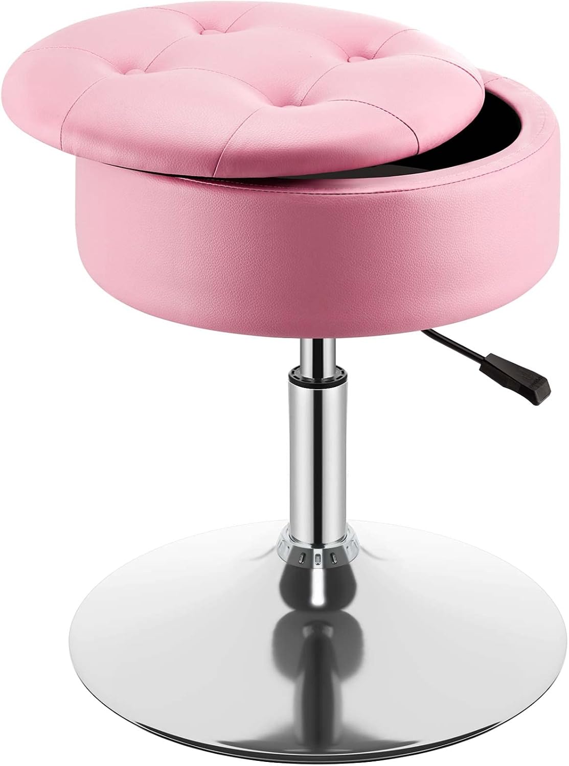 GREENSTELL Vanity Stool with Storage, 360° Swivel Makeup Stool, 17.9" to 24.2" Height Adjustable PU Leather Vanity Chair with Removeable Tray, Modern Round Ottoman for Bedroom Bathroom Pink