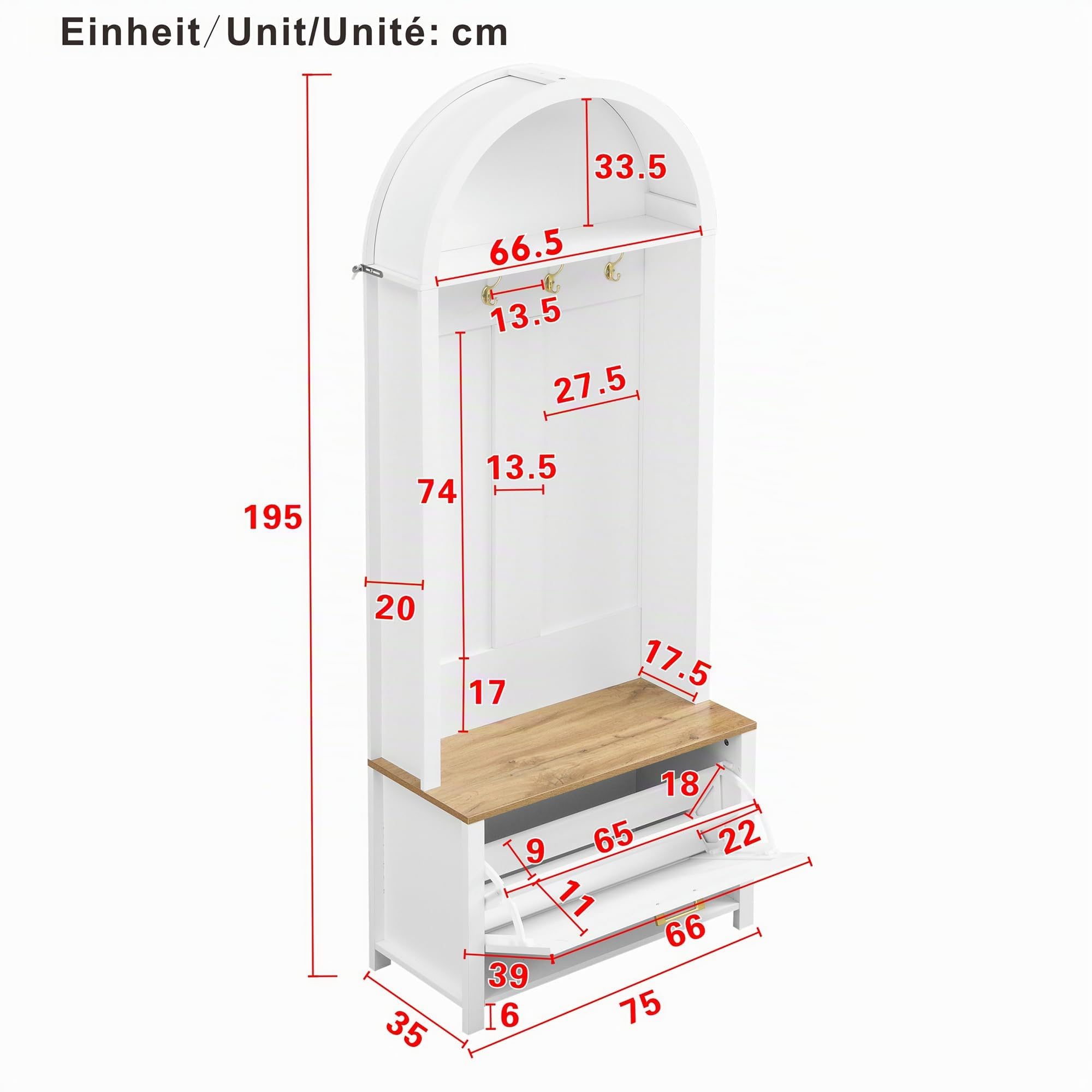 HAUSPROFI Garderobe Set, Flur Garderoben Komplettprogramme mit Schuhschrank Sitzbank, Wandgarderobe mit Ablage, Schlafzimmer Garderobenset, Flurmöbel Garderobe Set (Weiß, 195x75x35cm)
