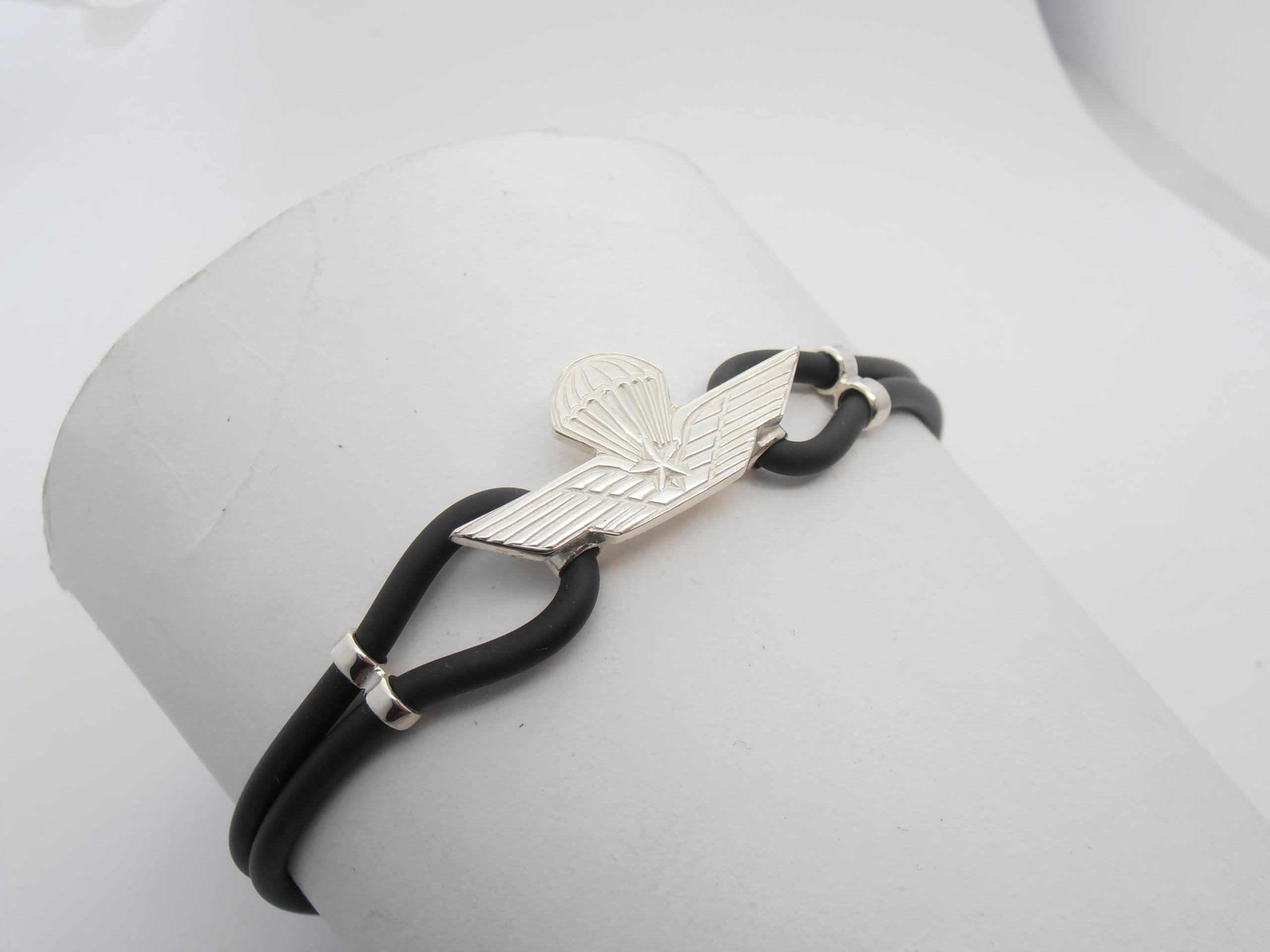 Paracadutisti : Braccialetto in Argento 925 e Caucciù - Bracciale con Simbolo dei Parà - Brevetto - Fregio - Stemma -