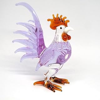 ZOOCRAFT Hand Blown Glass Chicken Figurine Murano Style Farmhouse Decor, Rustic Chicken Collectible, Artisan Lampwork Gift (Purple Rooster)