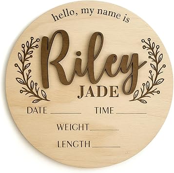 FranJohnsonHouse Baby Announcement Sign with Personalized Name, Custom Wooden Birth Stats Plaque for Hospital, Engraved Newborn Signage, Gender Reveal Design 1