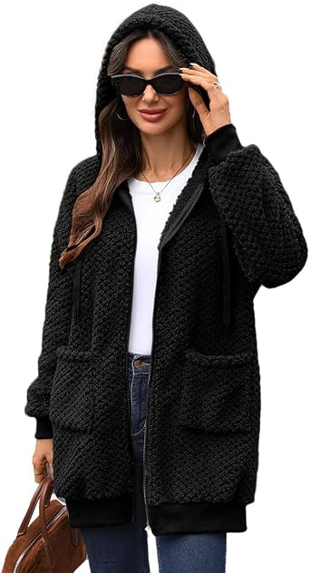 Womens Mid-Long Sherpa Fleece Zip-Up Hoodie Jacket with Pockets