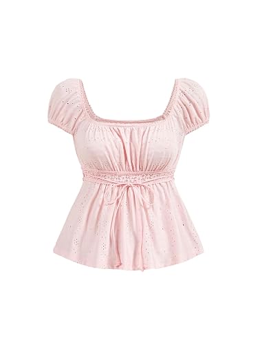 SOLY HUX Women's Square Neck Short Sleeve Peplum Tops Cute Summer Blouse for Teen Girls Babydoll Top T Shirt