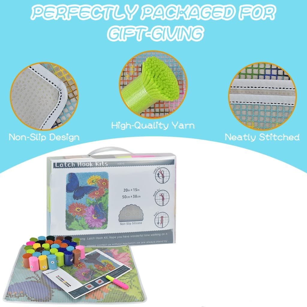 Yjunue Butterfly Floral Latch Hook Kits for Adults, DIY Crochet Yarn Rugs Hooking Craft Kit with Color Preprinted Pattern Design for Adults and Beginners(Butterfly, 20 x 15in)