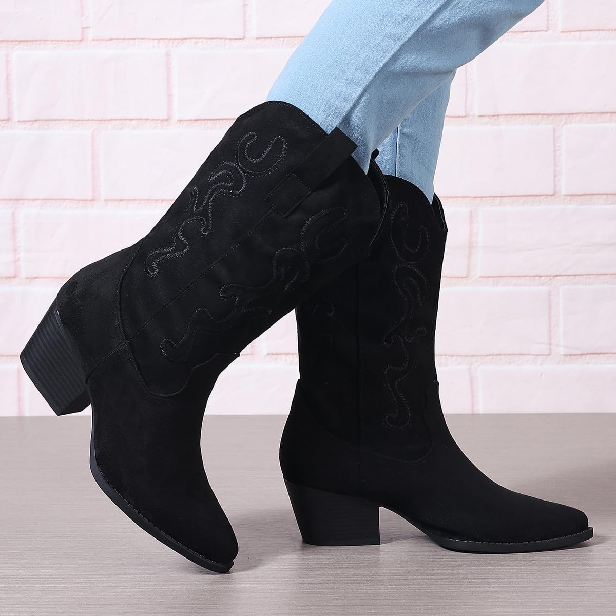 Cowboy Boots for Women Cowgirl Mid Calf Western Style Embroidery Stitched Low Chunky Heel Ladies Fashion Boots, US Size 5-11