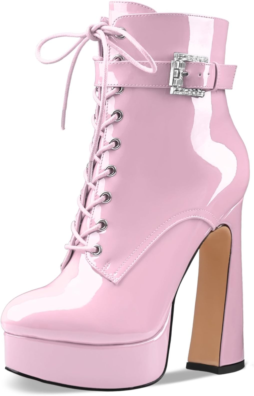 Women's Black Ankle Boots Platform Lace-Up Short Boot Chunky High Heel Closed Round Toe Booties Shoes with Side Zipper and Strap Buckle for Ladies Sexy Cute