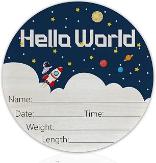 Hello World Birth Announcement 6" Round Birch Wood Newborn Sign for Nursery Hospital & Baby Shower, Personalized Baby Name Plaque, Keepsake Décor Gift for New Parents (White Spaceship)