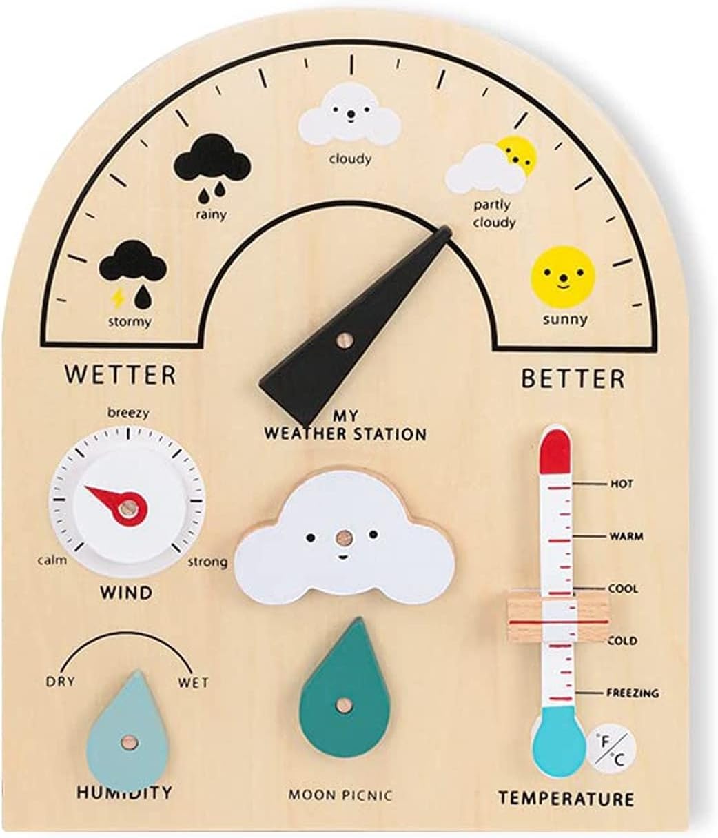 Alyasameen Weather Station Toys Early Educational Teaching Station Toy for Parent-children Interaction Play and Climate Learning Wooden Weather Board for Kids