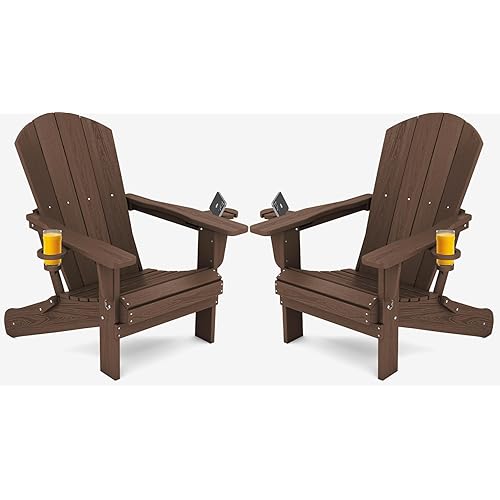 SERWALL Adirondack Chair with Cup Holders - Composite Adirondack Chairs Set of 2 HDPE Outdoor Chairs All Weather Use- Coffee