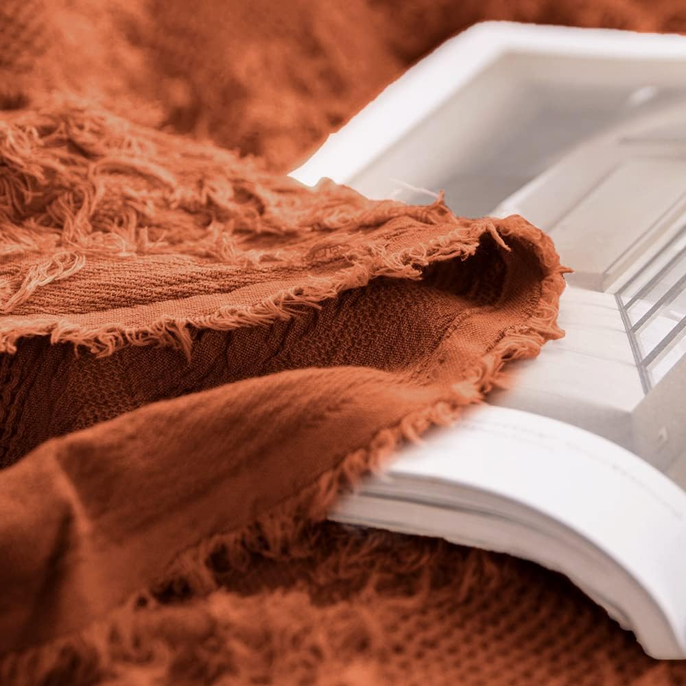 Simple&Opulence Cotton Throw Blanket for Bed, Couch, Boho Textured Geometric Knit Woven Blanket with Tassels Soft, Lightweight Breathable Shabby Chic Farmhouse Decoration for All-Season(Rust Orange)