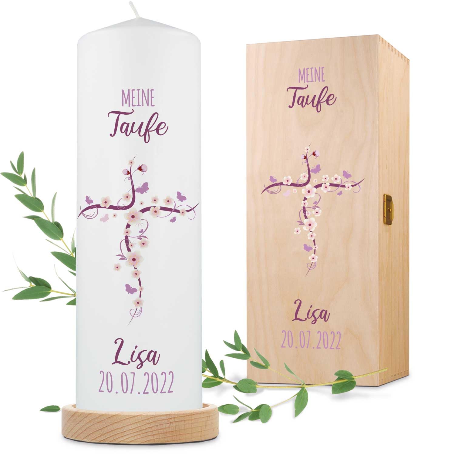 GRAVURZEILE Bedruckte Kerze - Taufkerze Blumenkreuz - brilliant bedruckte Kerze zur Taufe - Personalisiertes Taufgeschenk für Mädchen & Jungen - Hochwertige Stumpenkerze 250/80 mm Farbe Lila