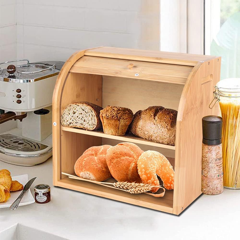 Large Bamboo Bread Box, Countertop Roll Top Breadbox Food Decor Storage Cabinet 2 Tier Bread Basket with Clamp for Kitchen