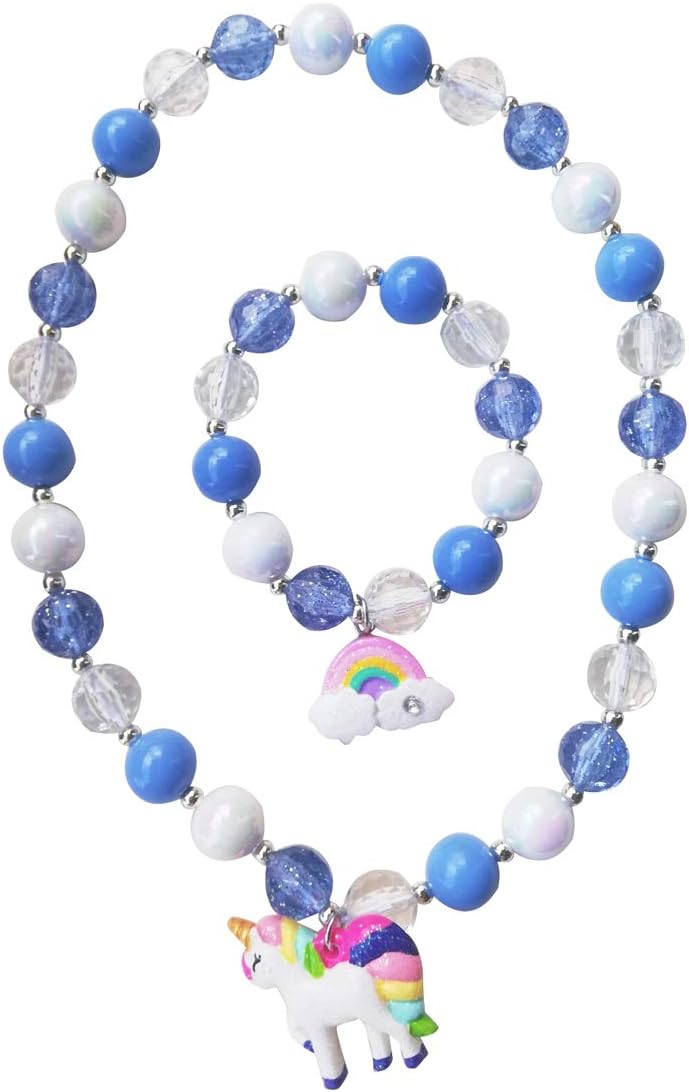 Lovely H Stone Little Kids Unicorn Jewelry Set,Girls Rainbow Necklace Unicorn Bracelet Girl Party Favor Pretend Play Children's Jewelry Set (Blue)