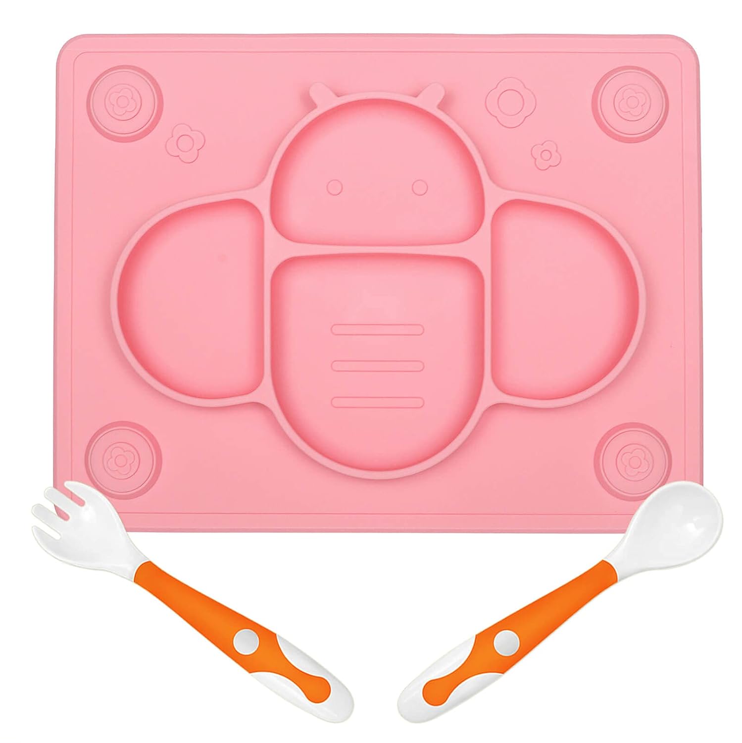 YIVEKO Suction Plates for Baby Divided, Baby Spoon Fork Set for Toddlers, Silicone Plates for Baby Kids with Suction Stick to Highchair Trays and Table, Baby Dishes Kids Plates and Utensils-Bees Pink