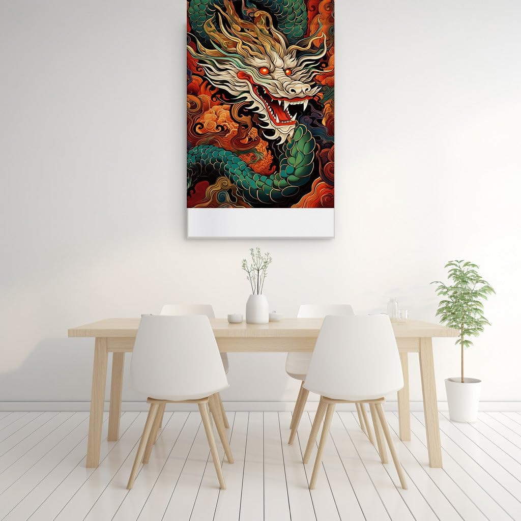Canvas for Living room. Majestic White Dragon Embodied in Artistic Brilliance Against a Vivid Red and Black Tapestry, 27 x 18 inch Canvas Wall Art - Contemporary Masterpieces - Modern Home Decor