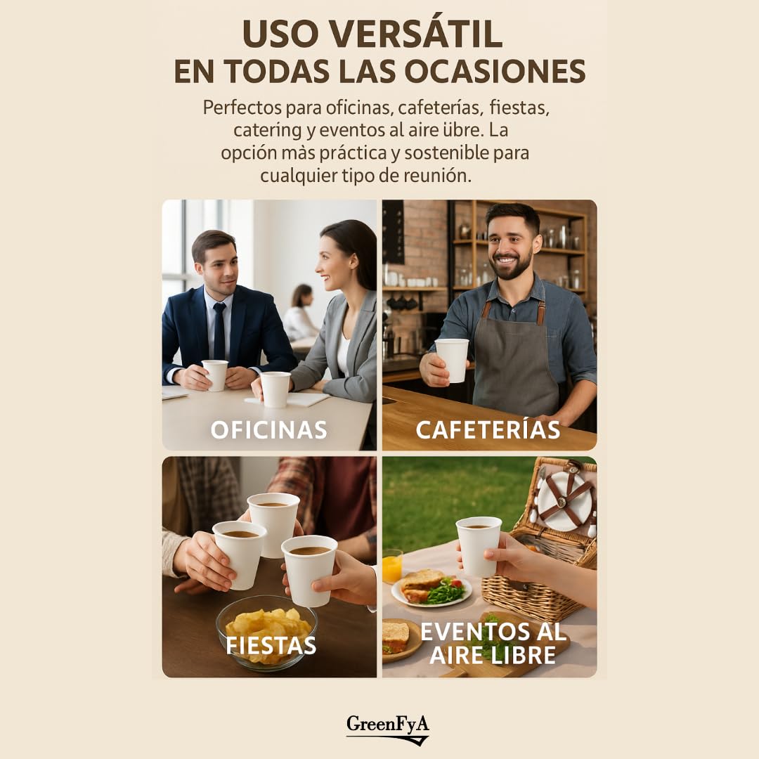 1000 Vasos Desechables 240ml (8oz) Ecológicos – Vasos Cafe Desechables - Blancos o Kraft – Bebidas Calientes y Frías – Uso en Oficina, Hostelería, Eventos, Catering y Takeaway