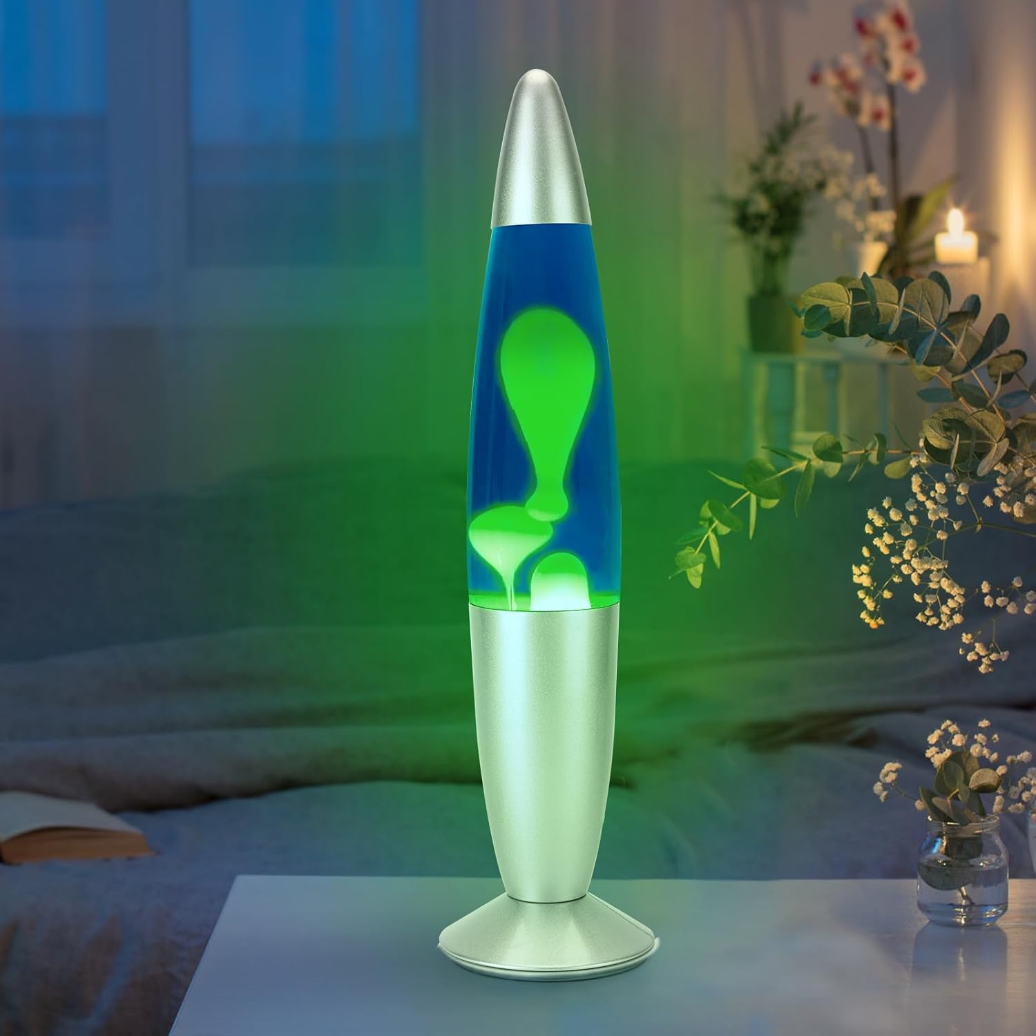 16 inches Liquid Motion Lamps, Gorgeous Night Light Lamp for Bedroom with Silver Base, Relaxing Mood Light Glitter Lamp for Kids, Adults, Home Decoration, Blue Magma Lamp with Green Wax