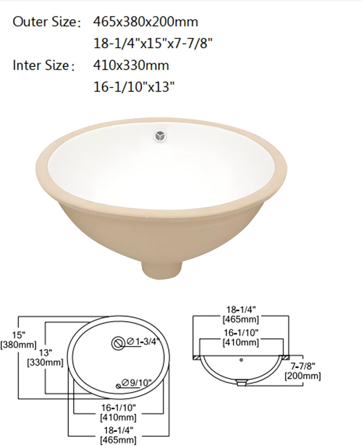 Undermount Bathroom Sink Oval - Dcolora 18"x15" White Porcelain Ceramic Oval Vessel Sink Under Counter Lavatory Vanity Bath Sink Bowl Basin With Overflow