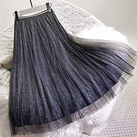 ZJMIYJ Skirts For Women - High Waist Pleated Black Gold Midi Skirts Tulle Skirt Ladies Casual Elastic Summer Autumn Women'S Fashion Clothing For Ladies Spring Stretched Bottom,Silver Cover