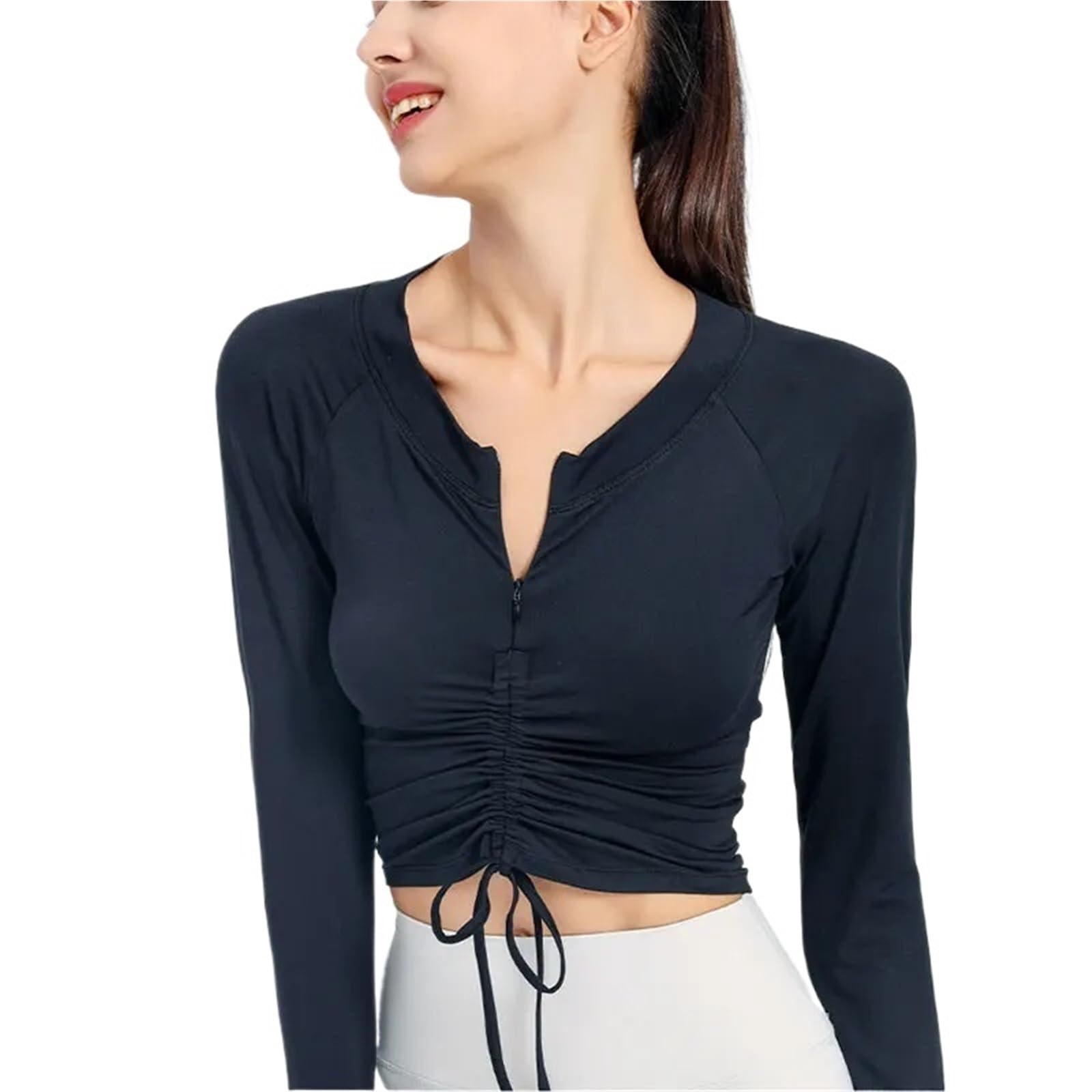 Camicia a Maniche Lunghe Semi Zip con Coulisse Frontale Top da Yoga Donna Sport Activewear Top da Corsa for Fitness Camicetta Femminile Palestra da Donna per Sport Casual