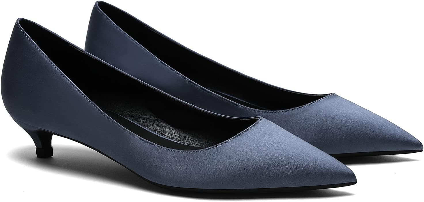 MOOMMO Low Kitten Heel Pumps for Women Pointed Toe Satin Dress Shoes Slip On 1 Inch Low Heel Work Pumps Chic Basic Casual Office Evening Party Bridal Pump Shoes 4-13 M US