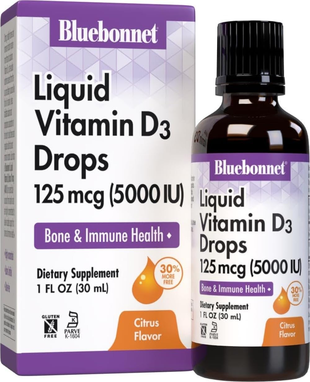 Bluebonnet Nutrition Liquid Vitamin D3 Drops 5000 IU, Aids in Muscle and Skeletal Growth, D3, Non GMO, Gluten Free, Soy Free, Dairy Free, Kosher, Citrus Flavor (743715003781), 1 Fl Oz (Pack of 1)