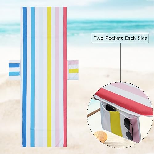 Miniatura 2 de Funda colorida para silla de playa con bolsillos laterales, acogedora, de secado rápido, a rayas, para piscina, playa, jardín, hotel, tomar el sol