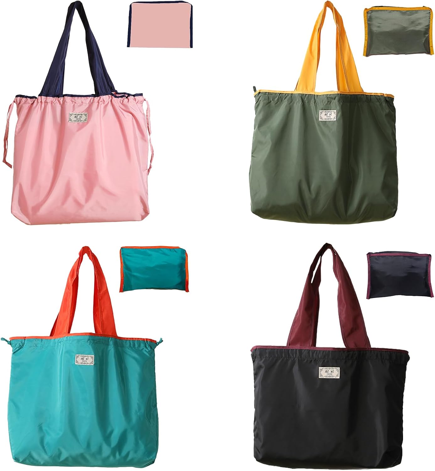 4 PC Foldable Reusable Shopping Bag 210D Nylon Waterproof Travel Grocery Tote with Drawstring Mouth & Reinforced Handle