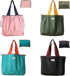 4 Pack Foldable Reusable Shopping Bags - Oxford Cloth Grocery Bags, Machine Washable and Lightweight Compact Travel Tote Shoulder Bag for Groceries, Beach, Storage