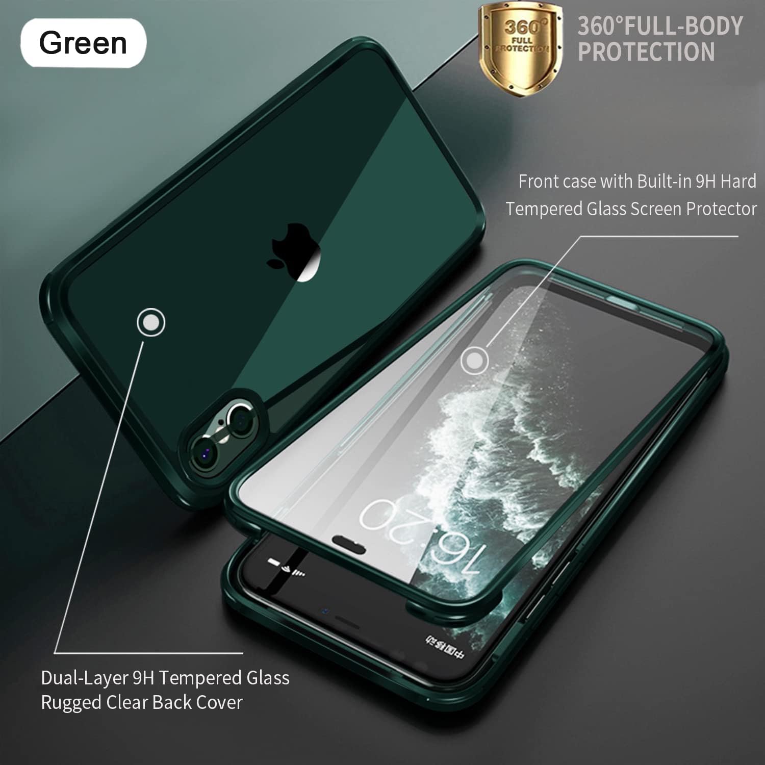 UBUNU iPhone Xs Max Case with Screen Protector [Built-in 9H Hard Tempered Glass], for Magsafe 360 Full Body Protection, Clear Protective iPhone Xs Max Phone Case Cover for Men Women 6.5'', Green