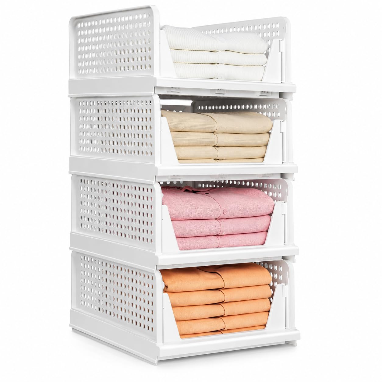 MARKWELL 4 Layer Stackable Wardrobe Storage Box, Plastic Sliding Drawer Organizer, Foldable Clothes Shelf Baskets, Folding Cube Bins, Perfect for Kitchen, Bedroom (Sliding Drawer, White)-image-8