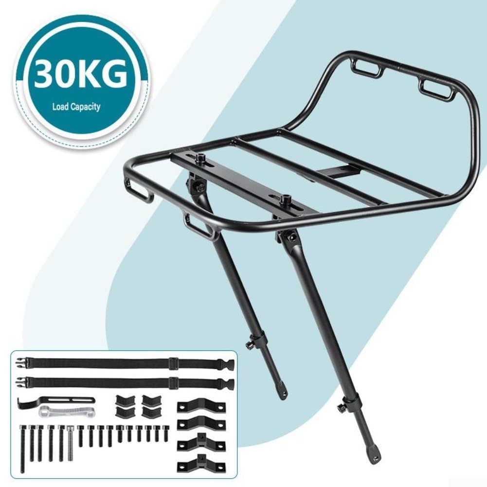 Yhenlovtt Porte-bagages avant de vélo en alliage d'aluminium, support de bagages VTT robuste avec support de fourche de rangement pour sacoches et équipement