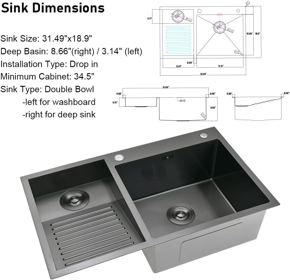 31 Inch Laundry Sink with Washboard, Black Drop in Utility Sink with Faucet Stainless Steel Laundry Room Sink Double Bowl 16 Gauge Deep Clothes Wash Basin with Soap Dispenser