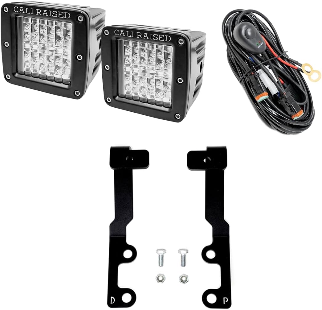 Cali Raised LED Low Profile Ditch Light Brackets Kit Fits 2022+ Tundra (Brackets with 27W Side Projecting LED Pods and Wiring Harness, Square Style Ditch Light Switch)