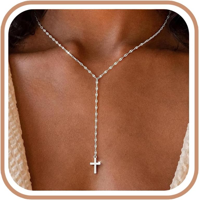 925 Sterling Silver Dainty Cross Lariat Necklace for Women
