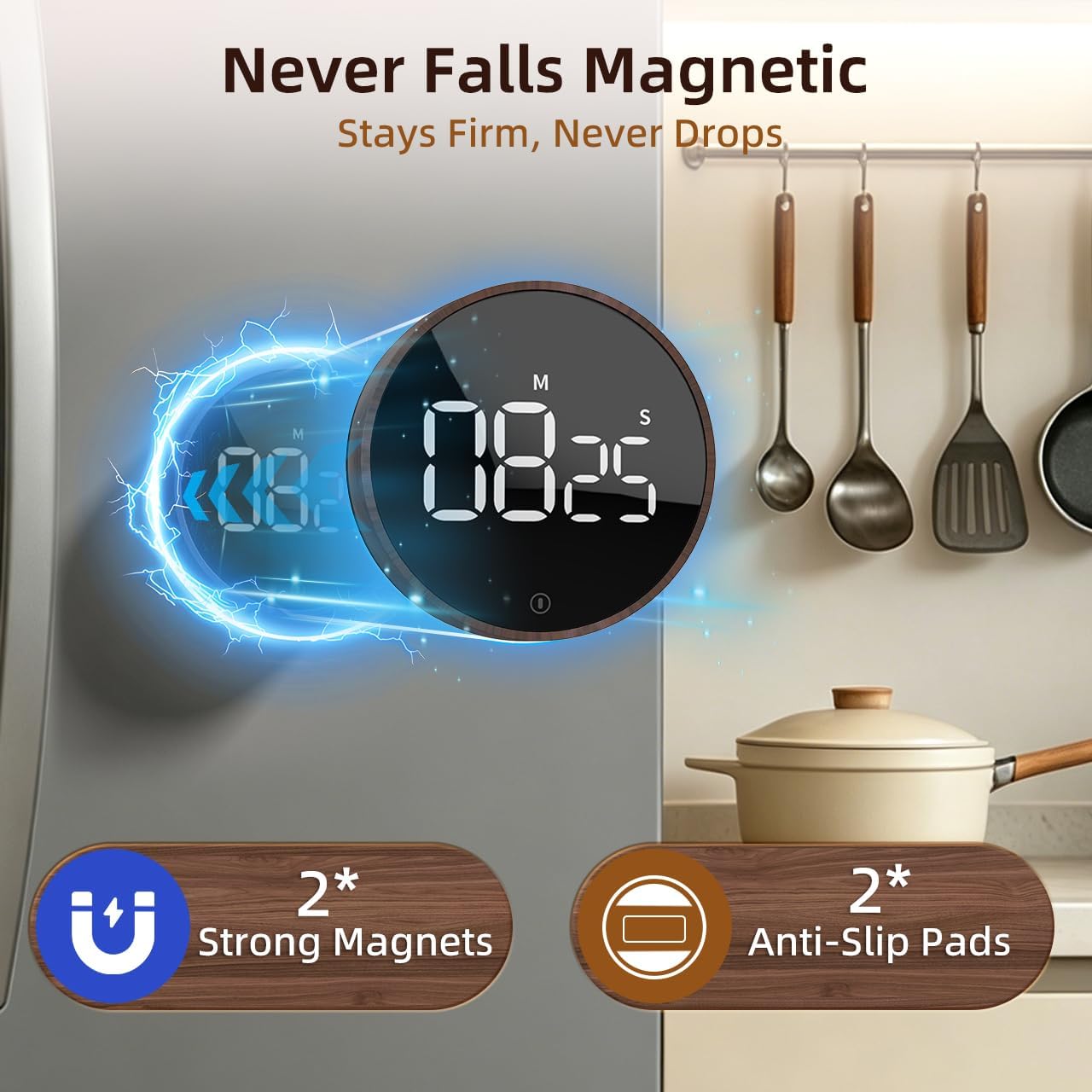 Digital Magnetic Kitchen Timer & Stopwatch with LED Display, Woodgrain image 4