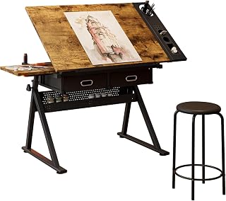 Garvee Height Adjustable Drafting Table with Stool - 0-75° Tilting Drawing Desk, Art Craft Workstation w/ 2 Storage Drawers for Home Office