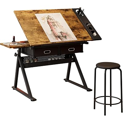 Garvee Height Adjustable Drafting Table, 0-75°Tilting Drawing Desk Artist Table w/Stool, Multifunctional Art Craft Workstation with 2 Storage Drawers for Home Office Reading, Writing, Crafting