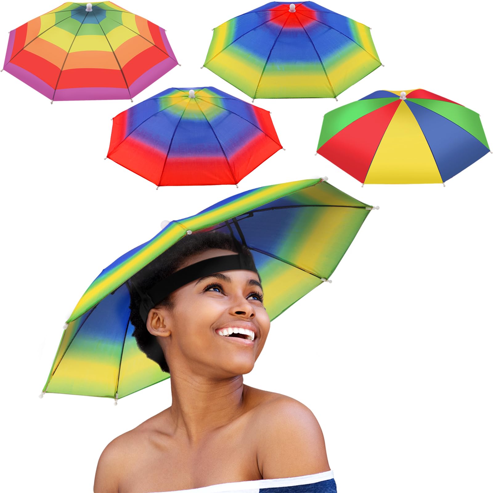 Syhood 4 Pieces Umbrella Hat with Elastic Band, Rainbow Waterproof Fishing Umbrella Hat for Adults Women Men