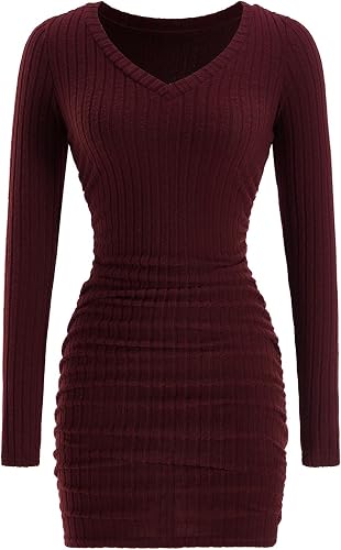 winkbay Women's Long Sleeve Mini Sweater Dress Elegant V Neck Bodycon Ribbed Kni